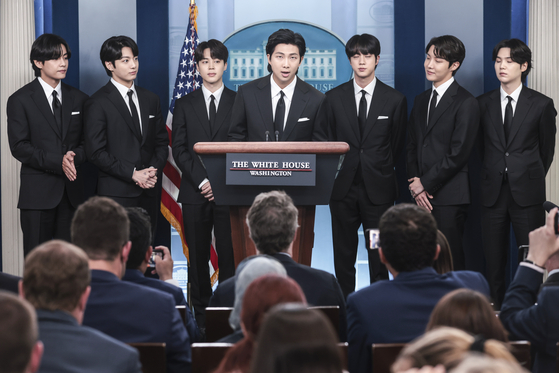 K-pop boy band BTS members speak at the James S. Brady Briefing Room at the White House in Washington, on May 31. [JOINT PRESS CORP]