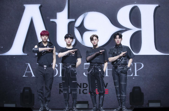 Boy band AB6IX of Brandnew Music poses for photos during a showcase held on May 18 for its fifth EP ″A to B.″ Brandnew Music was a hip-hop label before debuting AB6IX. [BRANDNEW MUSIC]
