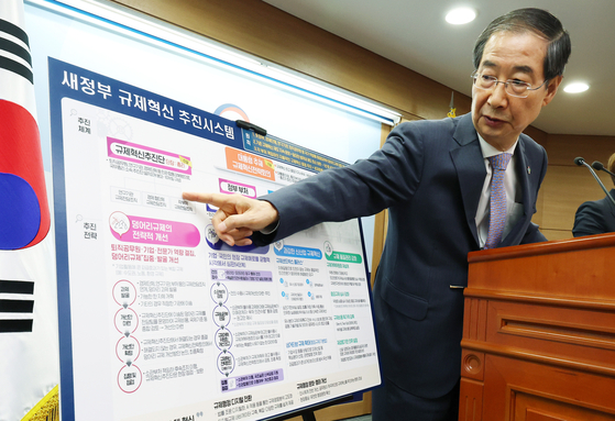 Prime Minister Han Duck-soo speaks on the Yoon Suk-yeol administration’s regulatory reform plans in a press conference at the government complex in Sejong on Tuesday. [YONHAP]