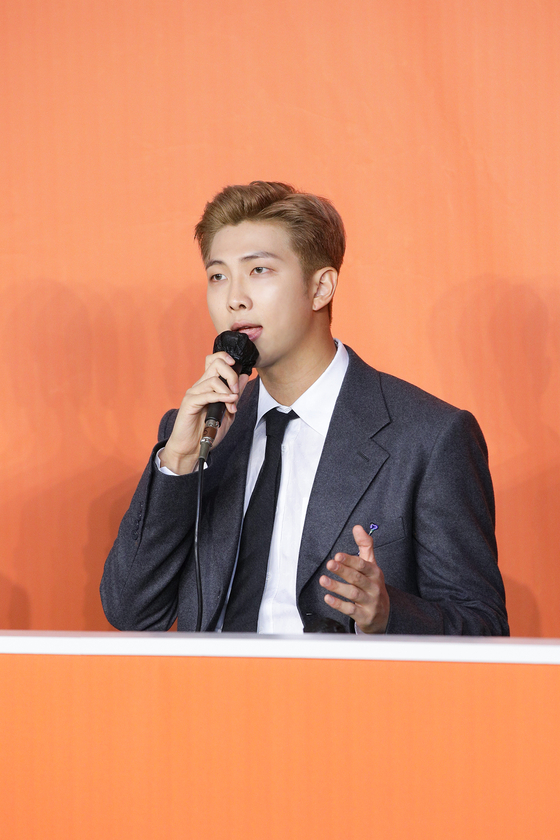 RM, leader of BTS, speaks during a press conference held on Nov. 28 in Los Angeles. [BIG HIT MUSIC]