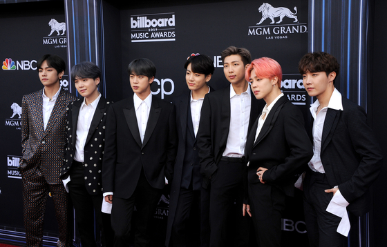 From right, J-Hope, Jimin, RM, Jungkook, Jin, Suga and V of BTS at the 2019 Billboard Music Awards held at the MGM Grand Garden Arena in Las Vegas, on May 1, 2019.