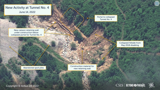 New satellite images of the Punggye-ri nuclear test site in Kilju, North Hamgyong province taken on Tuesday show new signs of construction activity at tunnel no. 4 in addition to preparation for a potential nuclear test in tunnel no. 3. [BEYOND PARALLEL]