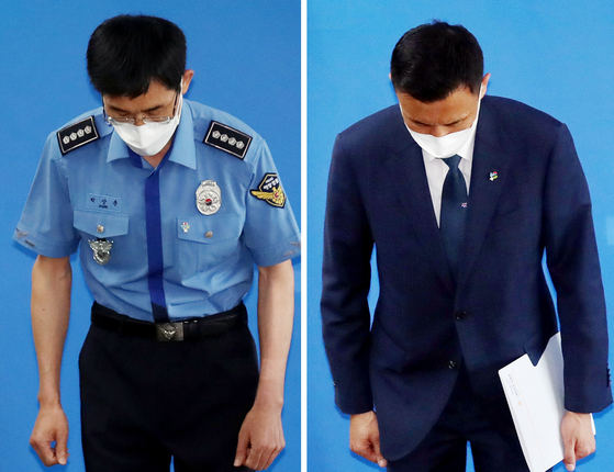 Park Sang-chun, chief of the Incheon Coast Guard, left, and Yoon Hyeong-jin, a senior official from the South Korean Defense Ministry, apologize for saying a South Korean fisheries official killed by North Korea's military in 2020 had been trying to defect in a press conference in Incheon on Thursday. [YONHAP]