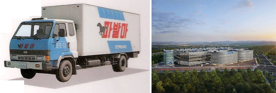 Left: Hanjin Transportation's truck that was used for deliveries in 1992, when it first started business Right: The company's logistics center, the Daejeon Smart Mega Hub Terminal [HANJIN TRANSPORTATION]