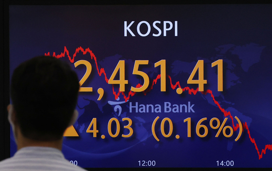 A screen in Hana Bank's trading room in central Seoul shows the Kospi closing at 2,451.41 points on Thursday, up 4.03 points, or 0.16 percent, from the previous trading day. [YONHAP]