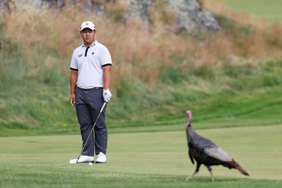 Kim Joo-hyung waits for a turkey to move before playing his approach on the tenth hole during the first round of the U.S. Open at The Country Club in Brookline, Massachusetts on Thursday. [AFP/YONHAP]