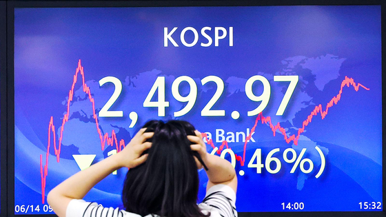 A screen in Hana Bank trading room in central Seoul shows the Kospi closing at 2,492.92 on June 14, down 11.54 points from the previous trading day. [JANG JIN-YEONG]