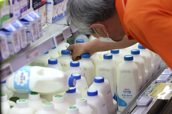 A customer picks up milk from a retail store in Seoul on Sunday. Dairy producers and distributors are still struggling to agree on milk prices as farmers protest against government efforts to change the milk pricing structure. As the consumption of milk per capita is falling, the government is trying to differentiate pricing between drinking milk and that used in the production of other dairy products such as butter and cheese. [YONHAP] 