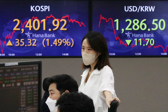 A screen in Hana Bank's trading room in central Seoul shows the Kospi closing at 2,401.92 points on Monday, up 35.32 points, or 1.49 percent, from the previous trading day. [NEWS1]