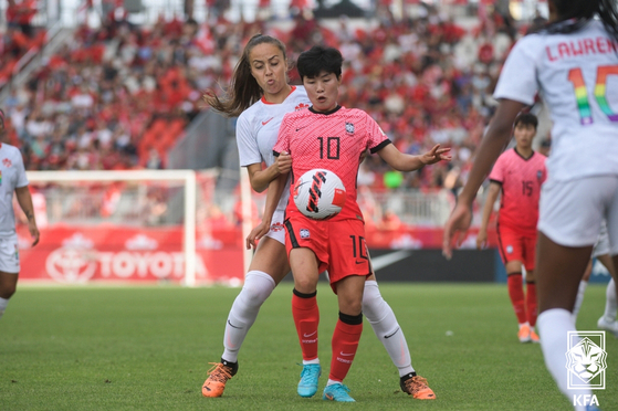 Ji So-yun, center, fights for the ball during an international friendly against Canada at BMO Field in Toronto, Canada on Sunday. [NEWS1]