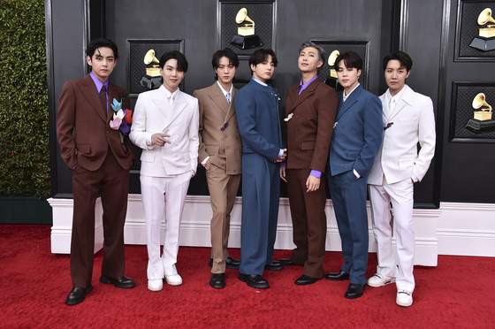 BTS arrives at the 64th Annual Grammy Awards at the MGM Grand Garden Arena on April 3 in Las Vegas. [AP/YONHAP]