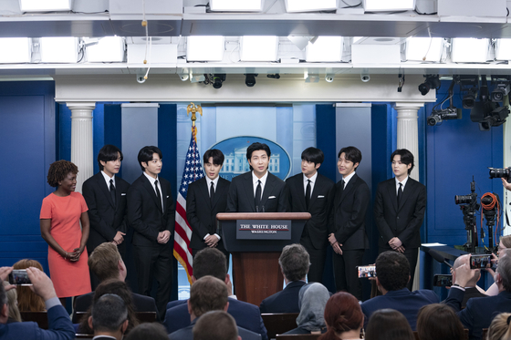RM, leader of BTS, speaks in the James S. Brady Briefing Room at the White House in Washington on May 31. BTS was invited to the White House to discuss anti-Asian hate crimes and Asian inclusion with U.S. President Joe Biden. [EPA/YONHAP]