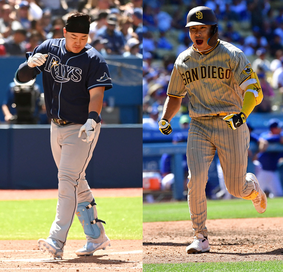 Choi Ji-man of the Tampa Bay Rays, left, crosses the plate after hitting a solo home run against the Toronto Blue Jays in Toronto on Sunday, the same day that Kim Ha-seong of the San Diego Padres, right, rounds the bases after hitting a two run homer against the Los Angeles Dodgers in Los Angeles. The two home runs on Sunday marked the first time this season that two Korean major leaguers have homered on the same day. [USA TODAY; AP/YONHAP]