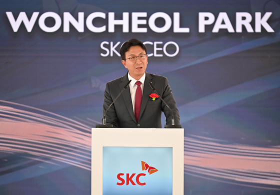 SKC CEO Park Won-cheol speaks during the groundbreaking ceremony for a copper foil factory in Poland. [SKC] 