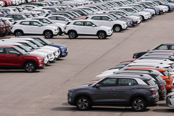 Hyundai cars are seen at a customs terminal on the outskirts of Saint Petersburg, Russia on June 1. [REUTERS]
