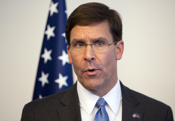 In this June 26, 2019 file photo, then-U.S. Secretary for Defense Mark Esper speaks prior to a meeting of NATO defense ministers at NATO headquarters in Brussels, Belgium. [AP/YONHAP]