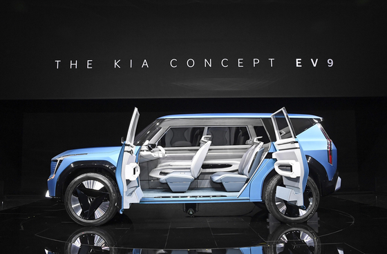 Kia's EV9 concept model is displayed at the Busan International Motor Show Thursday. The show kicks off its 10-day run on Friday at the Busan Exhibition and Convention Center. [KIA] 