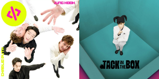 Album cover of ″Left and Right″ featuring BTS's Jungkook, left, and album cover of BTS's J-Hope's first official solo album ″Jack in the Box.″ [BIGHIT MUSIC]