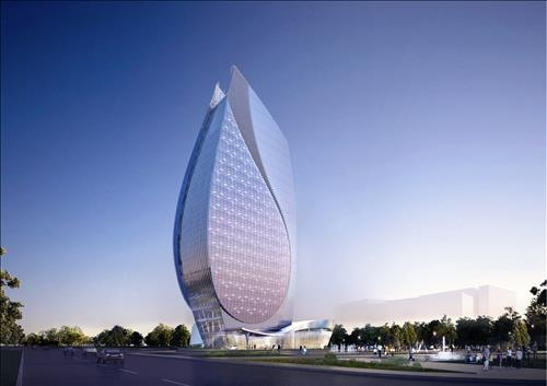 An architectural rendering for an office building of Azersu, a water supply and sanitation services company in Azerbaijan, completed in 2022. Korea's Halla Construction Company won the bid to help build it in 2013. [YONHAP]