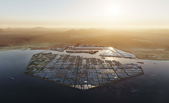 A rendering of NEOM City’s Oxagon, a floating island in the city. [NEOM]