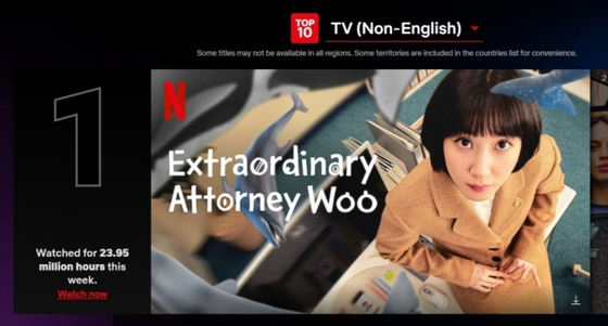 "Extraordinary Attorney Woo” is currently the most-watched show on Netflix Korea and topped Netflix's weekly Global Top 10 chart in the category of non-English TV series. [NETFLIX]