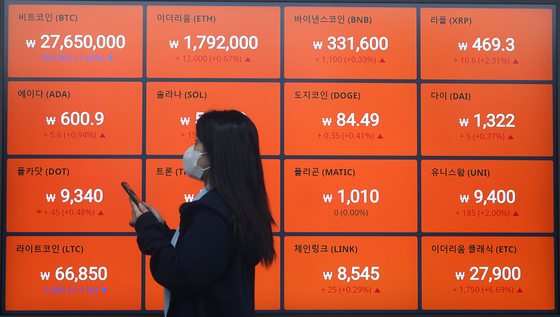 An electronic display shows cryptocurrency prices at a Bithumb office in southern Seoul on July 18. [YONHAP]