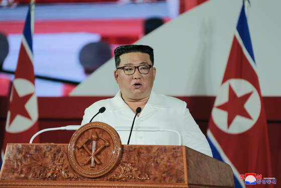 In this photo released by the state-run Korean Central News Agency, North Korean leader Kim Jong-un delivers a speech in Pyongyang celebrating the 69th anniversary of the end of the 1950-53 Korean War. [YONHAP]