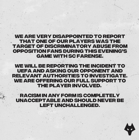 A statement from Wolverhampton Wanderers calls for an investigation into racist abuse aimed at a player on Sunday. [WOLVERHAMPTON WANDERERS]