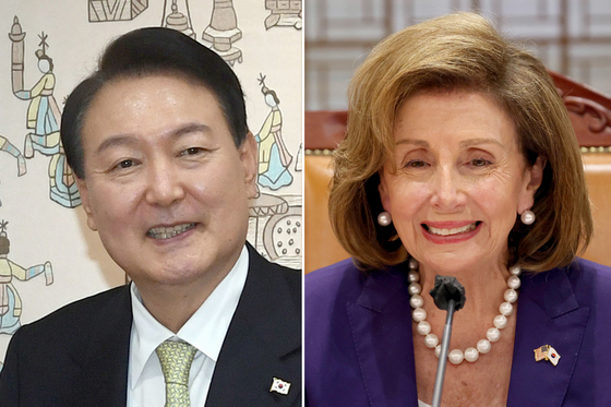 President Yoon Suk-yeol, left, and U.S. House Speaker Nancy Pelosi [YONHAP]