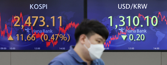 A screen in Hana Bank's trading room in central Seoul shows the Kospi closing at 2,473.11 points on Thursday, up 11.66 points, or 0.47 percent, from the previous trading day. [YONHAP]