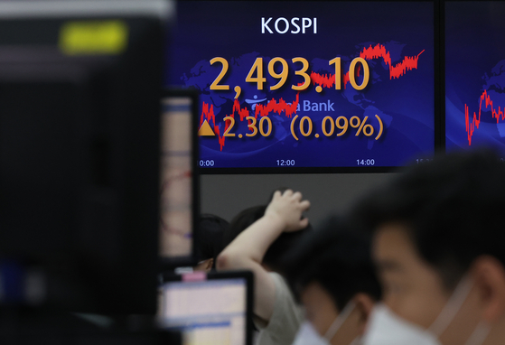 A screen in Hana Bank's trading room in central Seoul shows the Kospi closing at 2,493.10 points on Monday, up 2.30 points, or 0.09 percent, from the previous trading day. [YONHAP]