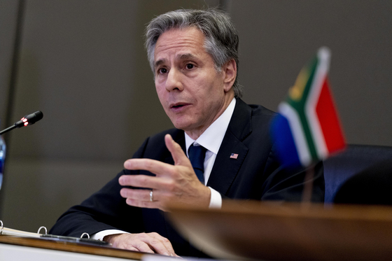 U.S. Secretary of State Antony Blinken speaks in a meeting in South Africa Monday. The U.S. Department of State and Treasury Department announced new sanctions on virtual currency mixer Tornado Cash Monday. [REUTERS/YONHAP]