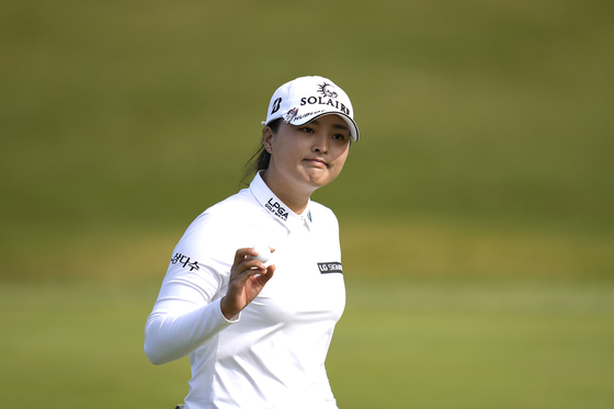 Ko Jin-young reacts after making a putt on the ninth hole during the final round of the BMW Ladies Championship at LPGA International Busan in Busan, on Oct. 24, 2021. [AP/YONHAP]