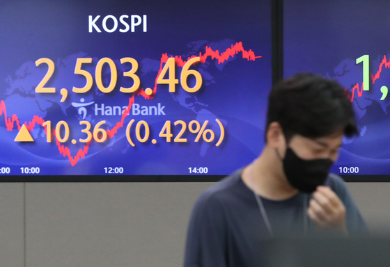 A screen in Hana Bank's trading room in central Seoul shows the Kospi closing at 2,503.46 points on Tuesday, up 10.36 points, or 0.42 percent, from the previous trading day. [NEWS1]