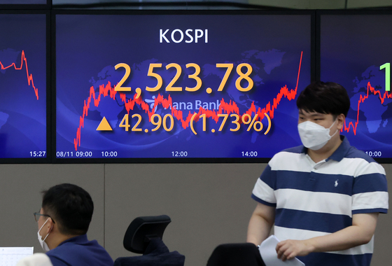A screen in Hana Bank's trading room in central Seoul shows the Kospi closing at 2,523.78 points on Thursday, up 42.90 points, or 1.73 percent, from the previous trading day. [NEWS1]
