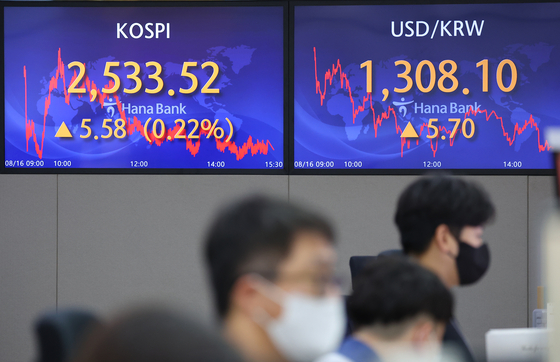 A screen in Hana Bank's trading room in central Seoul shows the Kospi closing at 2,533.52 points on Tuesday, up 5.58 points, or 0.22 percent, from the previous trading day. [YONHAP]