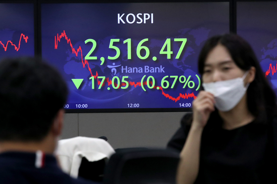 A screen in Hana Bank's trading room in central Seoul shows the Kospi closing at 2,516.47 points on Wednesday, down 17.05 points, or 0.67 percent, from the previous trading day. [NEWS1]