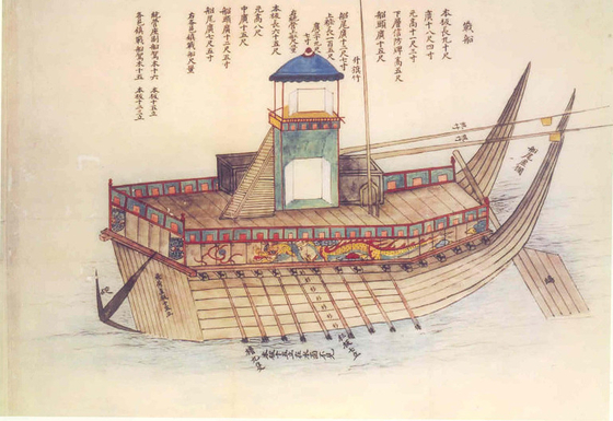 An illustration of what panokseon, which was Korea’s primary battleship of the Joseon Dynasty (1392-1910), looked like. [JOONGANG PHOTO]