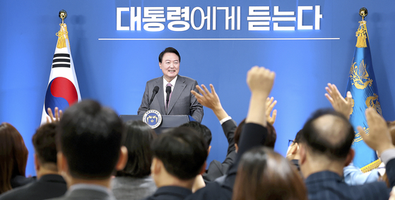 President Yoon Suk-yeol taking questions from the press at the president's office in Yongsan, Seoul, Wednesday. [JOINT PRESS CORPS] 