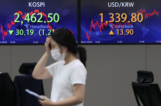 A screen in Hana Bank's trading room in central Seoul shows the Kospi closing at 2,462.50 points on Monday, down 30.19 points, or 1.21 percent, from the previous trading day. [YONHAP]