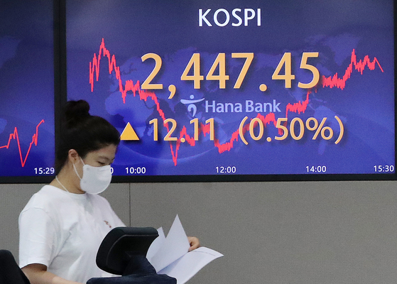 A screen in Hana Bank's trading room in central Seoul shows the Kospi closing at 2,447.45 points on Wednesday, up 12.11 points, or 0.5 percent, from the previous trading day. [NEWS1]