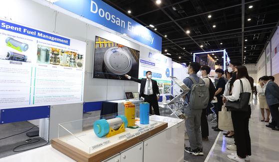 Doosan Enerbility's dry storage systems are displayed at the company's booth at the Global Nuclear Export & Safety Confex 2022 held in Gyeongju, North Gyeongsang, on Monday. [DOOSAN ENERBILITY] 