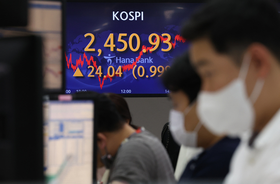 A screen in Hana Bank's trading room in central Seoul shows the Kospi closing at 2,450.93 points on Tuesday up 24.04 points, or 0.99 percent, from the previous trading day. [YONHAP]