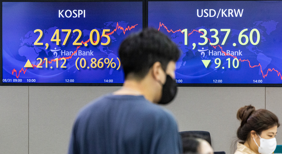 A screen in Hana Bank's trading room in central Seoul shows the Kospi closing at 2,472.05 points on Wednesday, up 21.12 points, or 0.86 percent, from the previous trading day. [YONHAP]