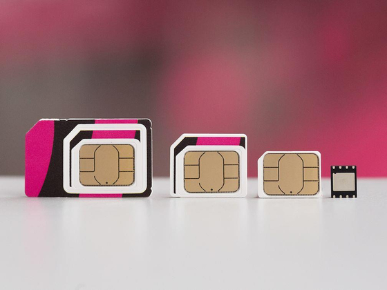 From the left, a mini SIM card, a micro SIM card, a nano SIM card, and a chip that allows users to download an eSIM. [YONHAP]