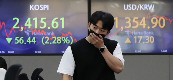 A screen in Hana Bank's trading room in central Seoul shows the Kospi closing at 2,415.61 points on Thursday, down 56.44 points, or 2.28 percent, from the previous trading day. [NEWS1]