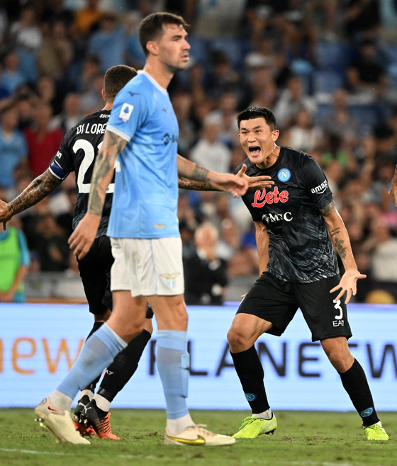 Kim Min-jae, right, celebrates after scoring Napoli's first goal during a Serie A match against Lazio in Rome, Italy on Saturday. [XINHUA/YONHAP]