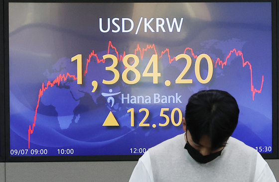 The won reached 1,388.40 to the dollar intraday on Wednesday, its weakest since April 2009. An electronic display board at Hana Bank in central Seoul on the same day. [YONHAP] 