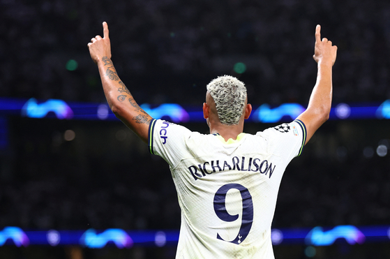 Tottenham Hotspur's Richarlison celebrates scoring their second goal in a Champions League match against Marseille at Tottenham Hotspur Stadium in London on Wednesday. [REUTERS/YONHAP]