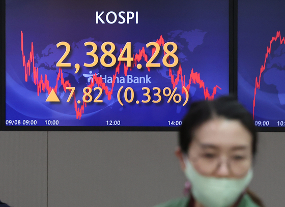A screen in Hana Bank's trading room in central Seoul shows the Kospi closing at 2,384.28 points on Thursday, up 7.82 points, or 0.33 percent, from the previous trading day. [YONHAP]